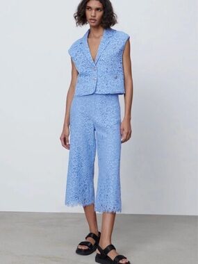ZARA Light Blue Lace Vest and High Rise Women's pants suit